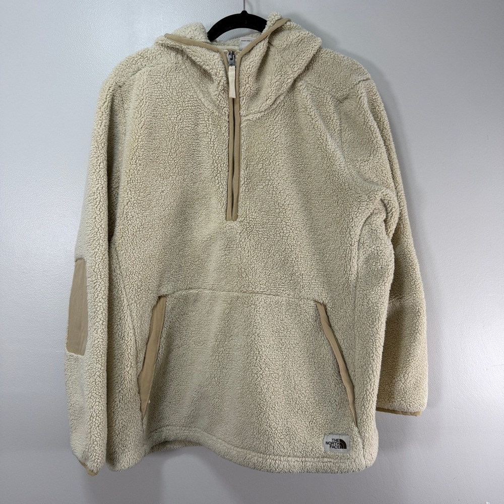The North Face Womens XXL Sherpa Fleece Quarter Zip Hoodie Tan Elbow Patches